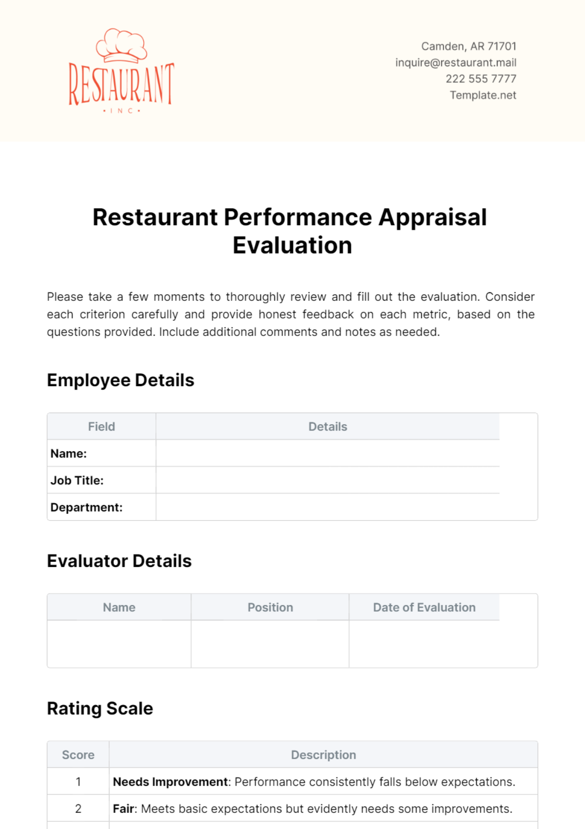 Restaurant Performance Appraisal Evaluation Template - Edit Online & Download