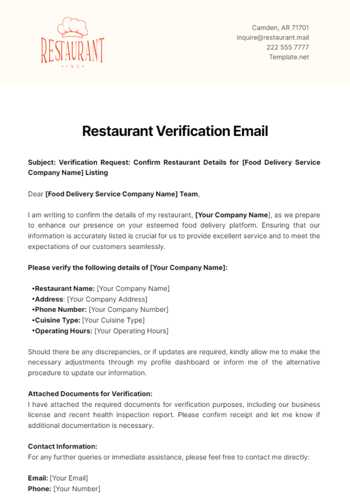 Free Restaurant Verification Email Template