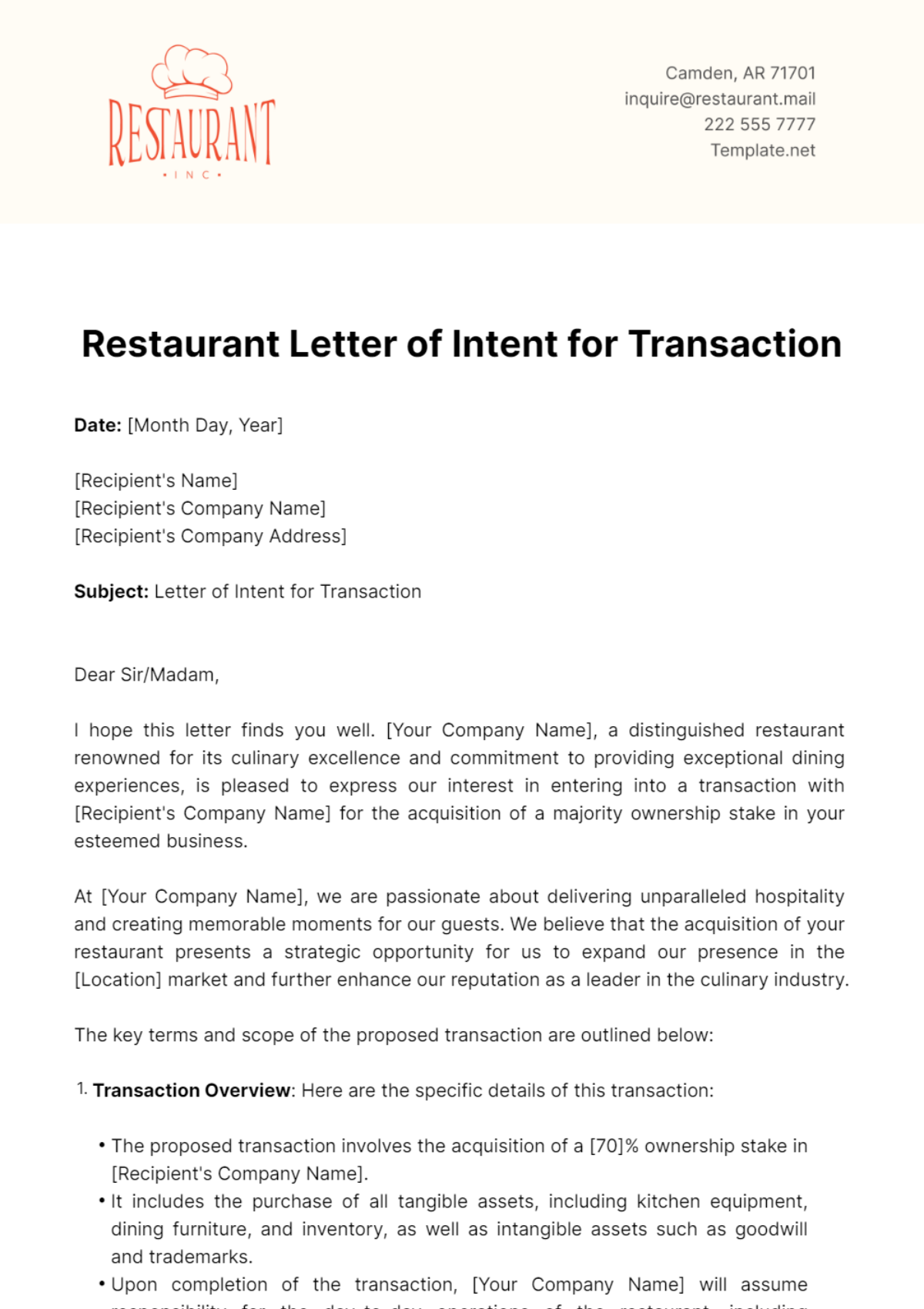 Restaurant Letter of Intent for Transaction Template - Edit Online & Download