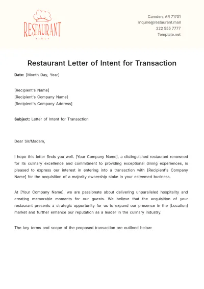 Free Restaurant Letter of Intent for Transaction Template to Edit Online