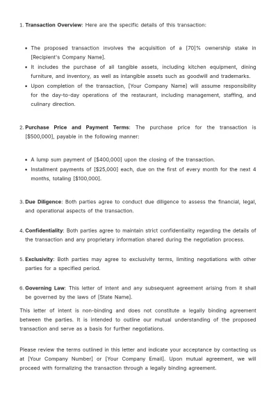 Free Restaurant Letter of Intent for Transaction Template to Edit Online