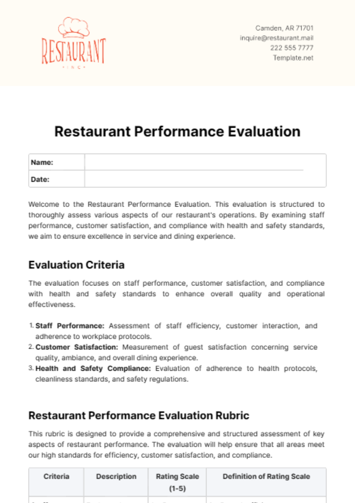 Restaurant Performance Evaluation Template - Edit Online & Download