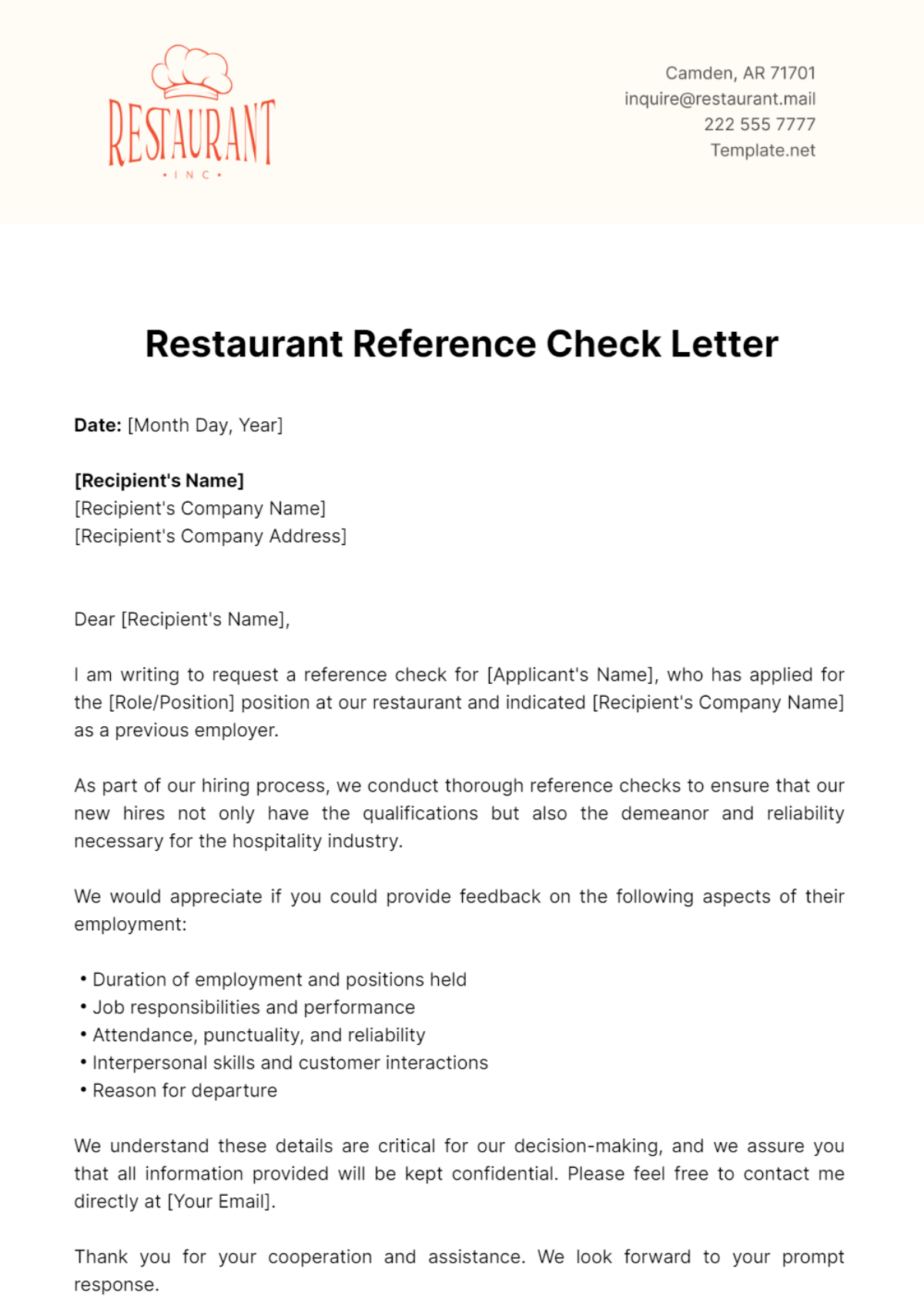 Restaurant Reference Check Letter Template - Edit Online & Download