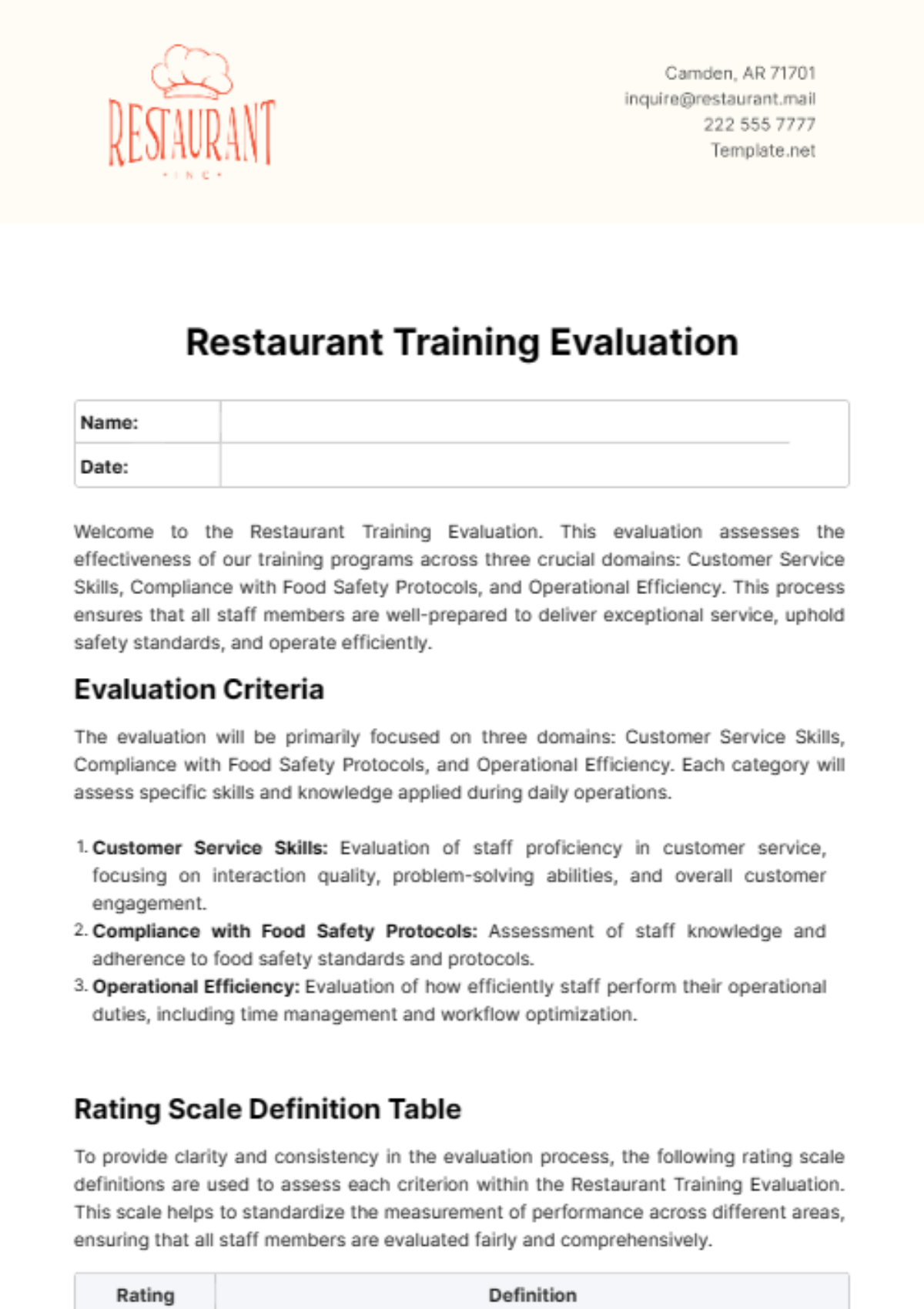 Restaurant Training Evaluation Template - Edit Online & Download