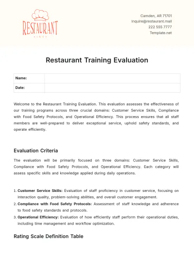 Free Restaurant Training Evaluation Template to Edit Online