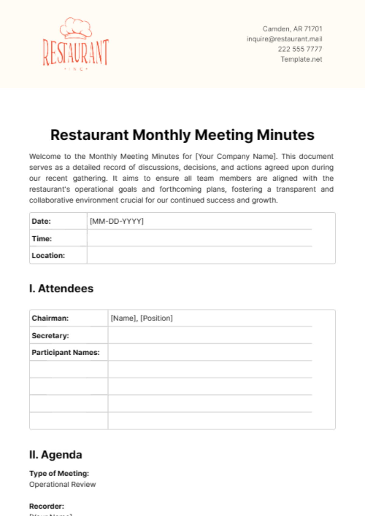 Restaurant Monthly Meeting Minutes Template