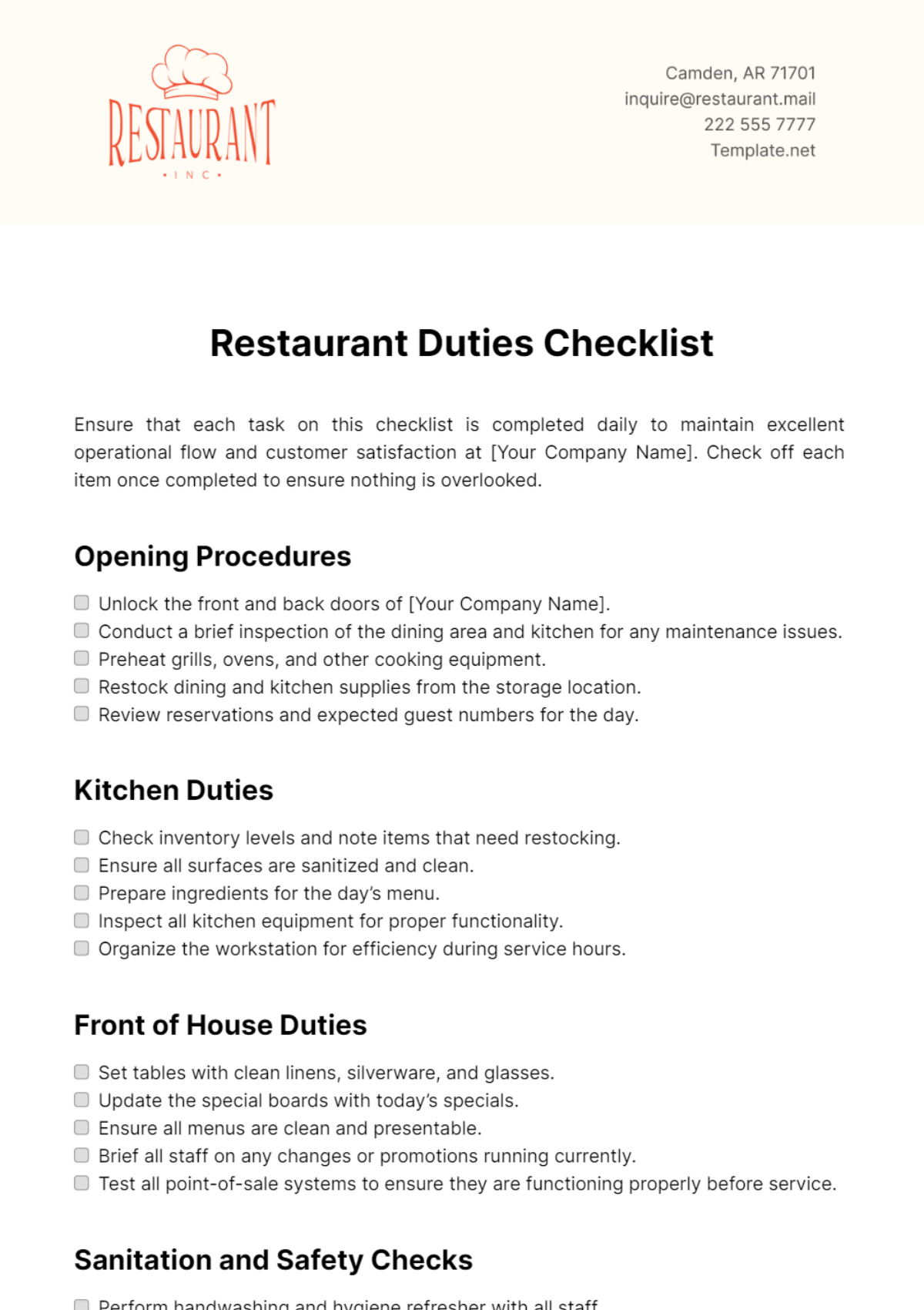 Free Restaurant Duties Checklist Template - Edit Online & Download ...