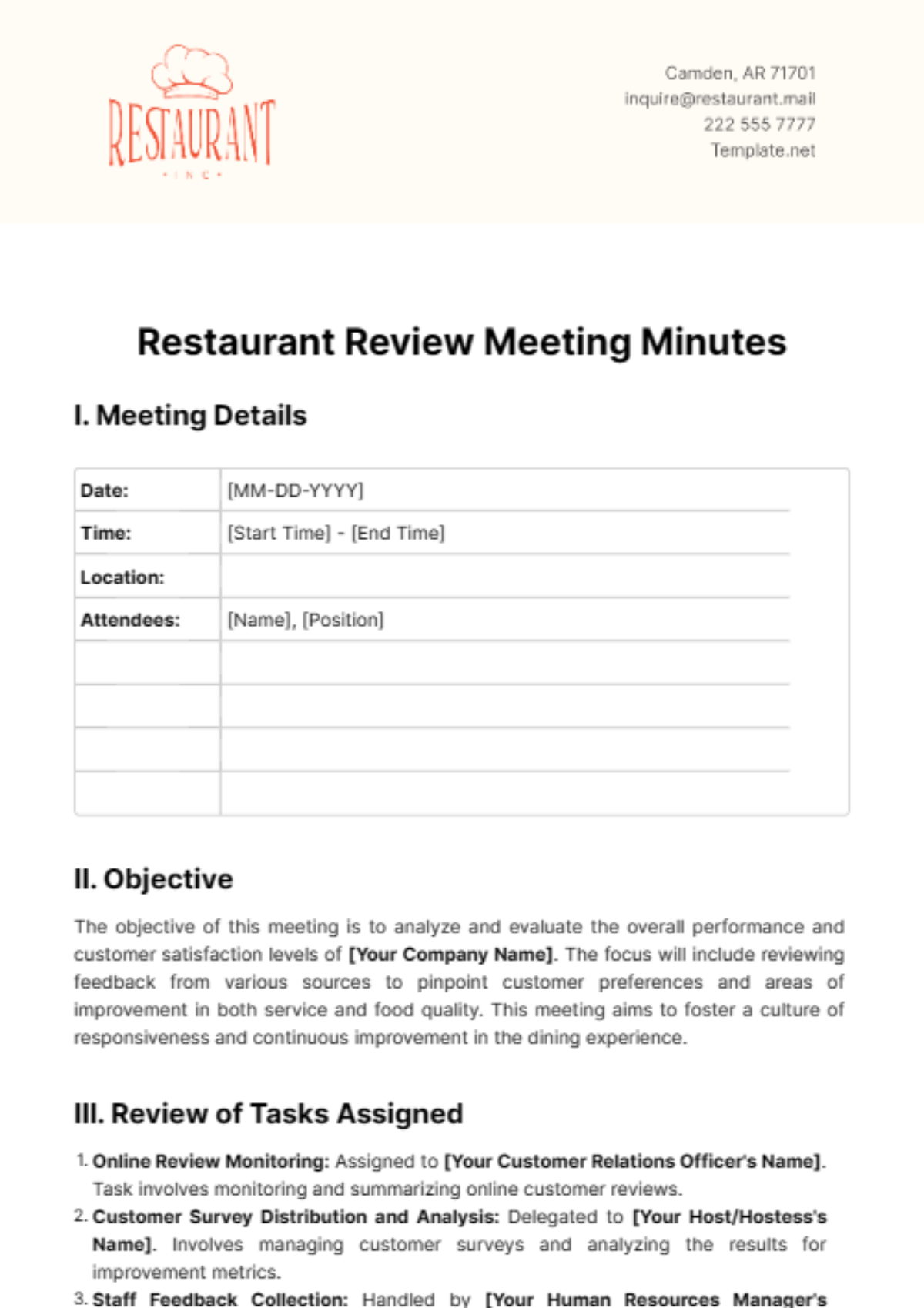 Restaurant Review Meeting Minutes Template