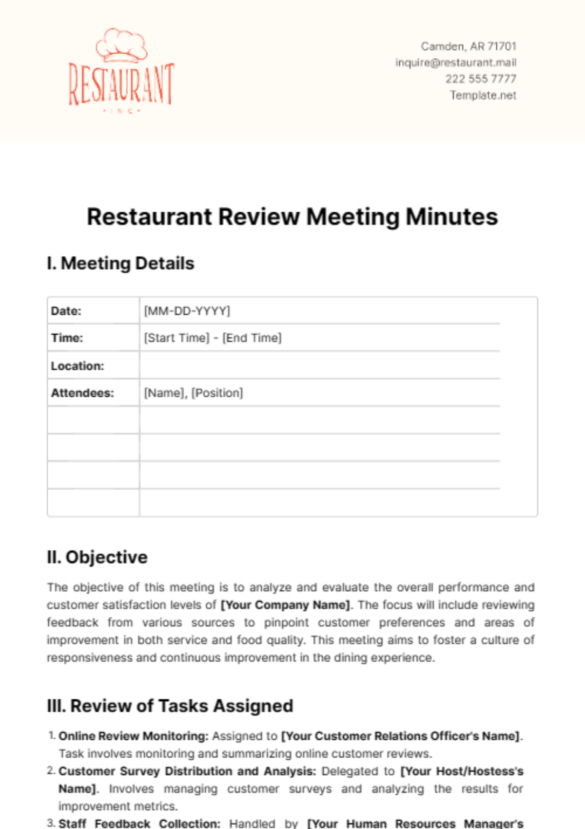 Restaurant Review Meeting Minutes Template - Edit Online & Download