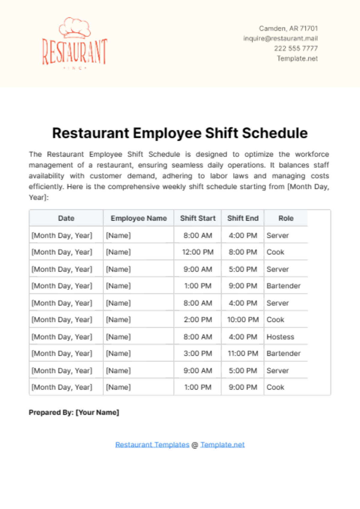 Restaurant Employee Shift Schedule Template - Edit Online & Download