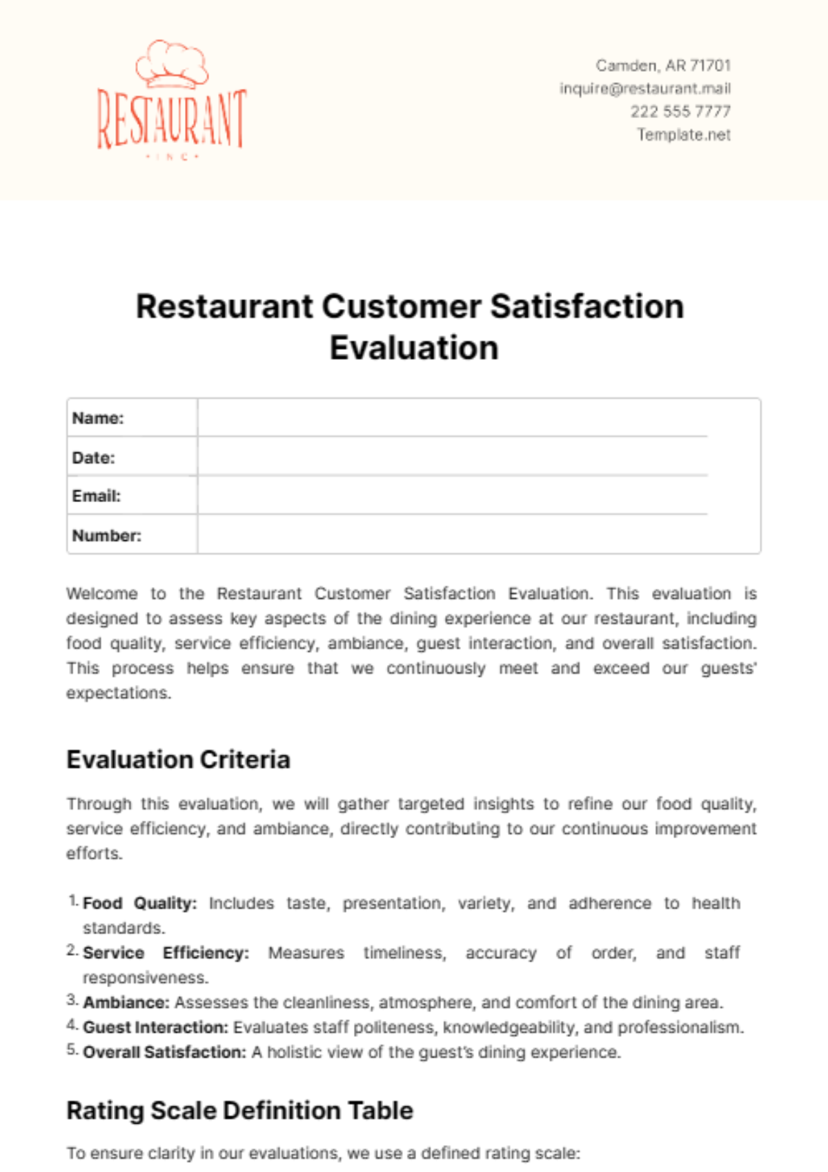 Restaurant Customer Satisfaction Evaluation Template - Edit Online & Download