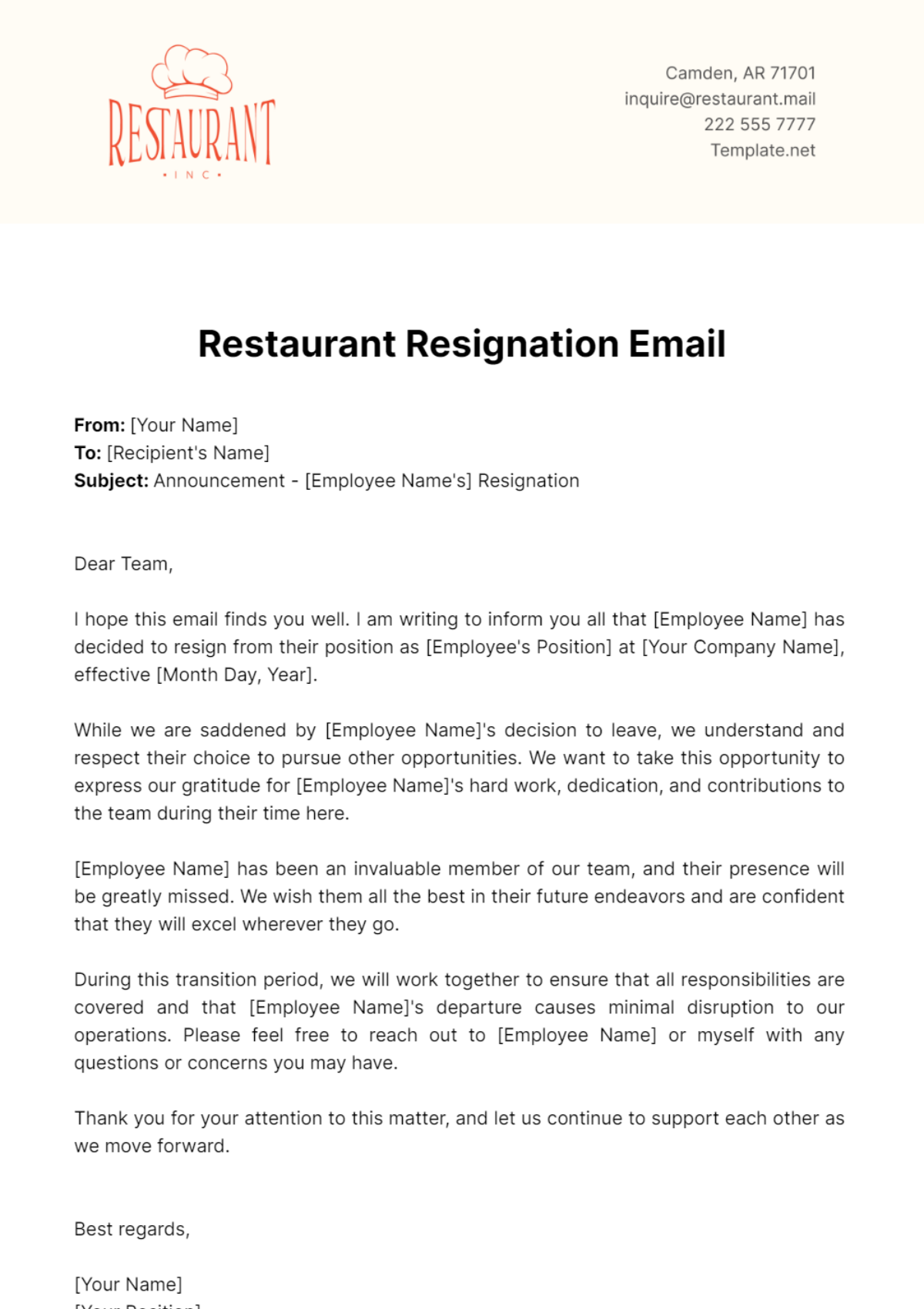 Free Restaurant Resignation Email Template