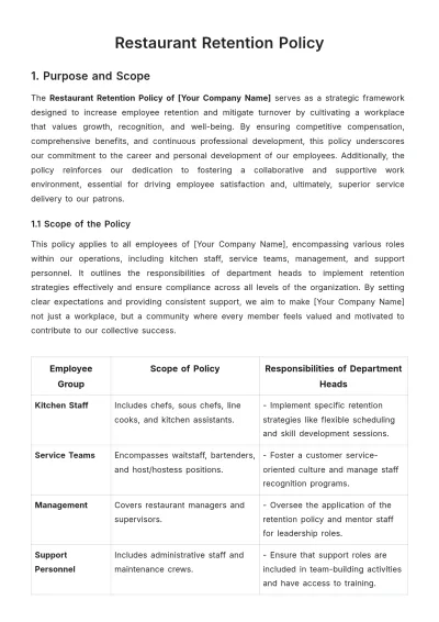 Free Restaurant Retention Policy Template to Edit Online