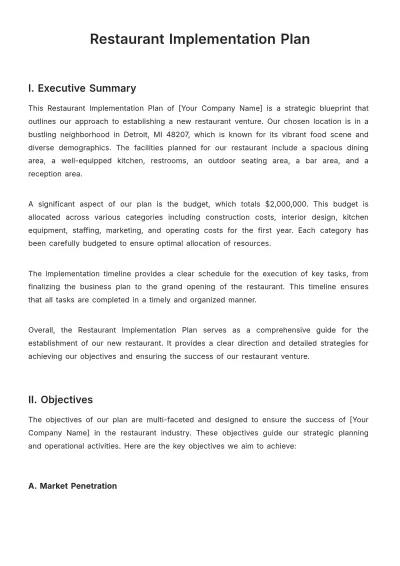 Free Restaurant Implementation Plan Template to Edit Online