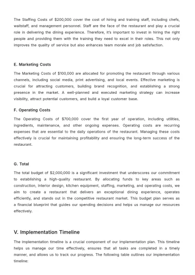 Free Restaurant Implementation Plan Template to Edit Online