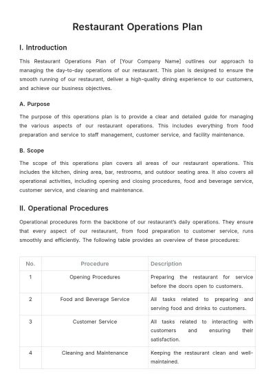 Free Restaurant Operations Plan Template to Edit Online