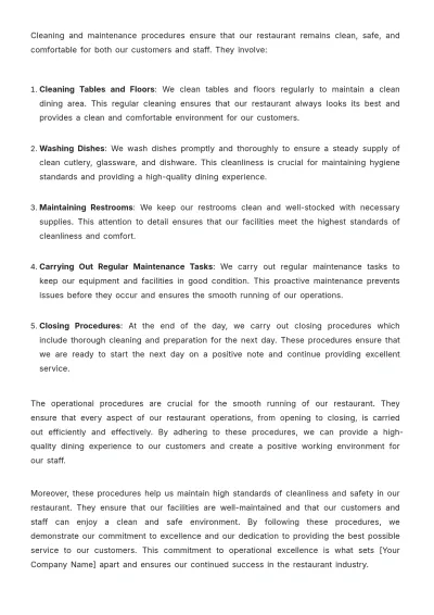 Free Restaurant Operations Plan Template to Edit Online