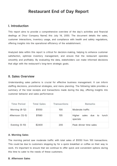 Free Restaurant End of Day Report Template to Edit Online