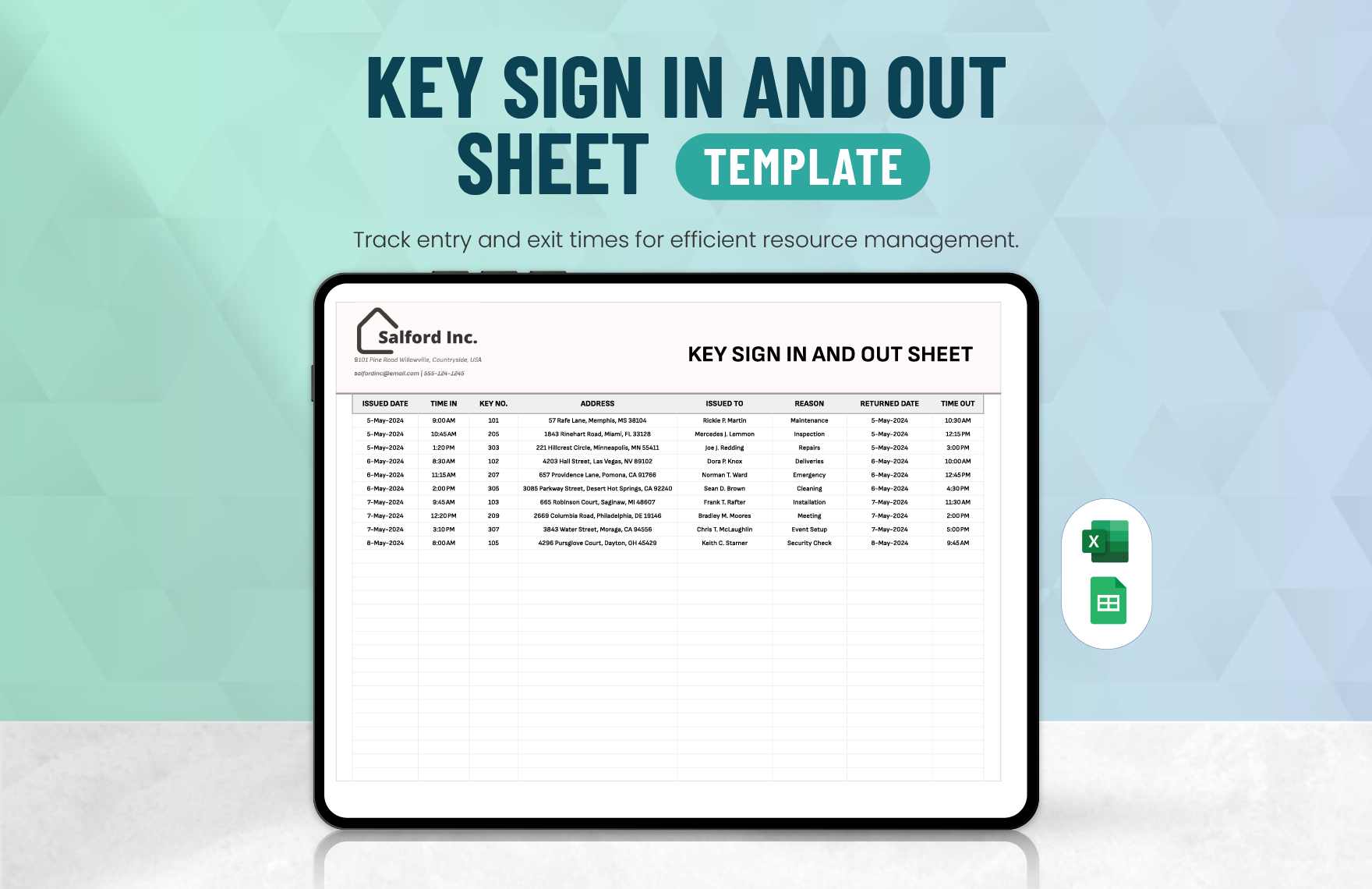 Key Sign in And Out Sheet Template