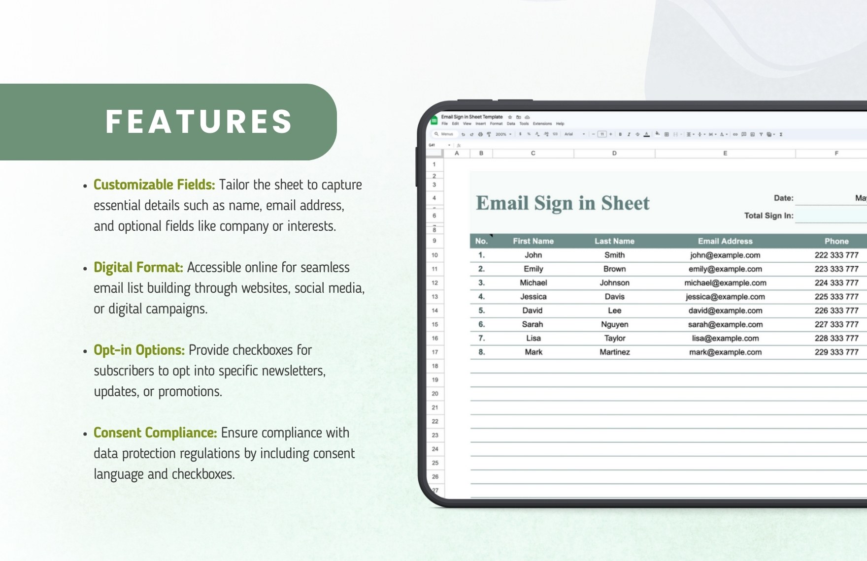 Email Sign in Sheet Template