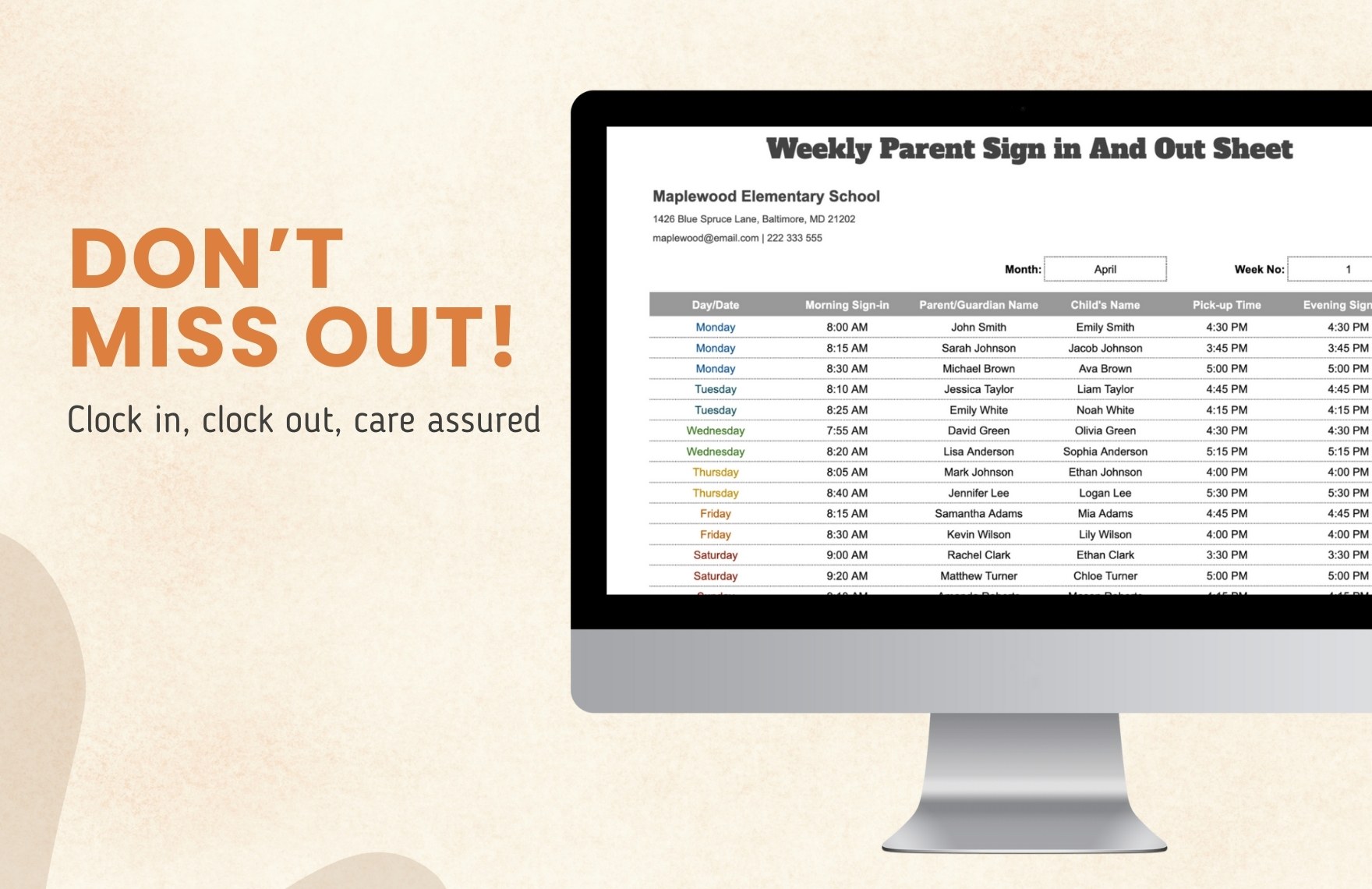 Weekly Parent Sign in And Out Sheet Template