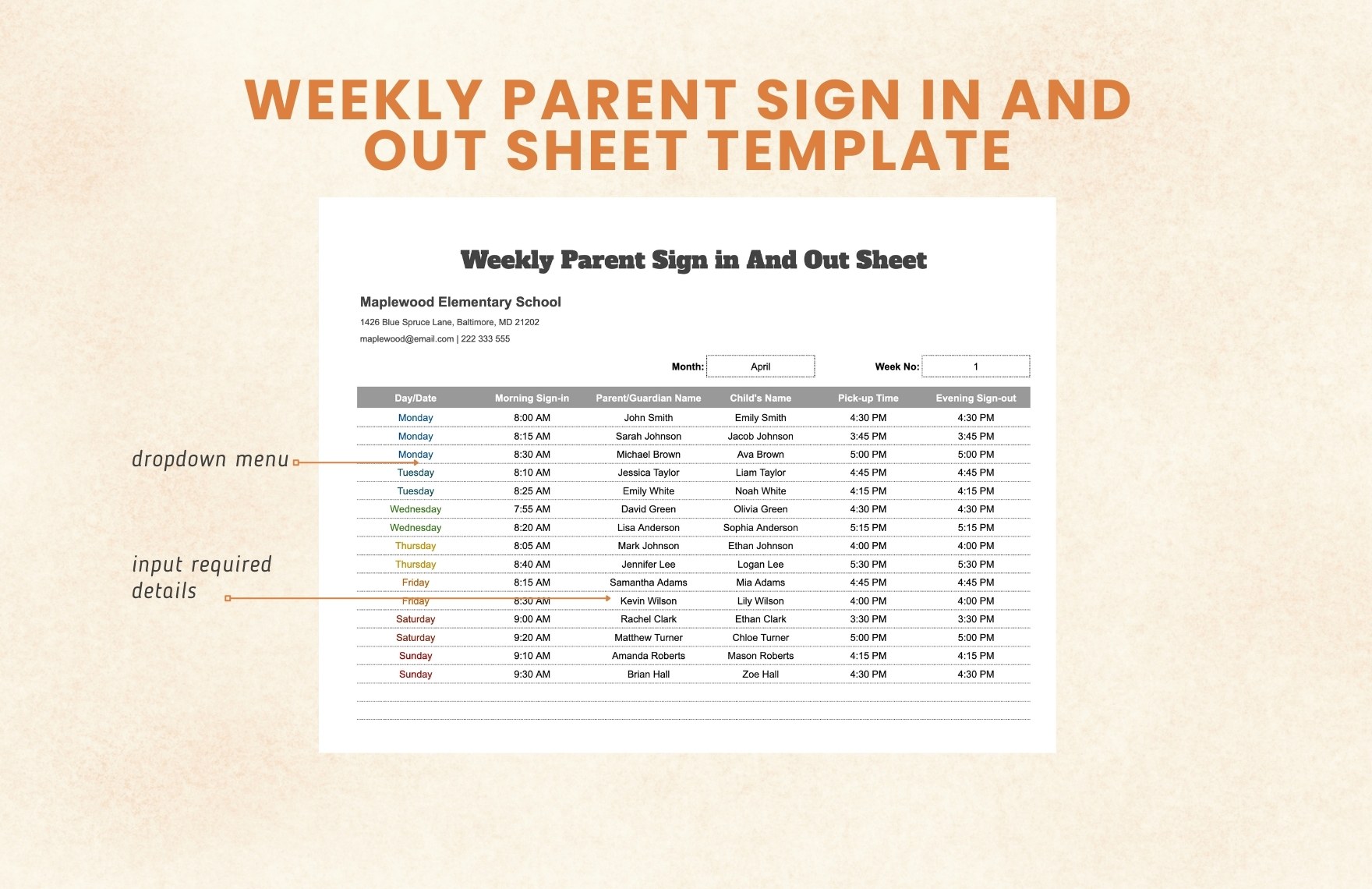 Weekly Parent Sign in And Out Sheet Template