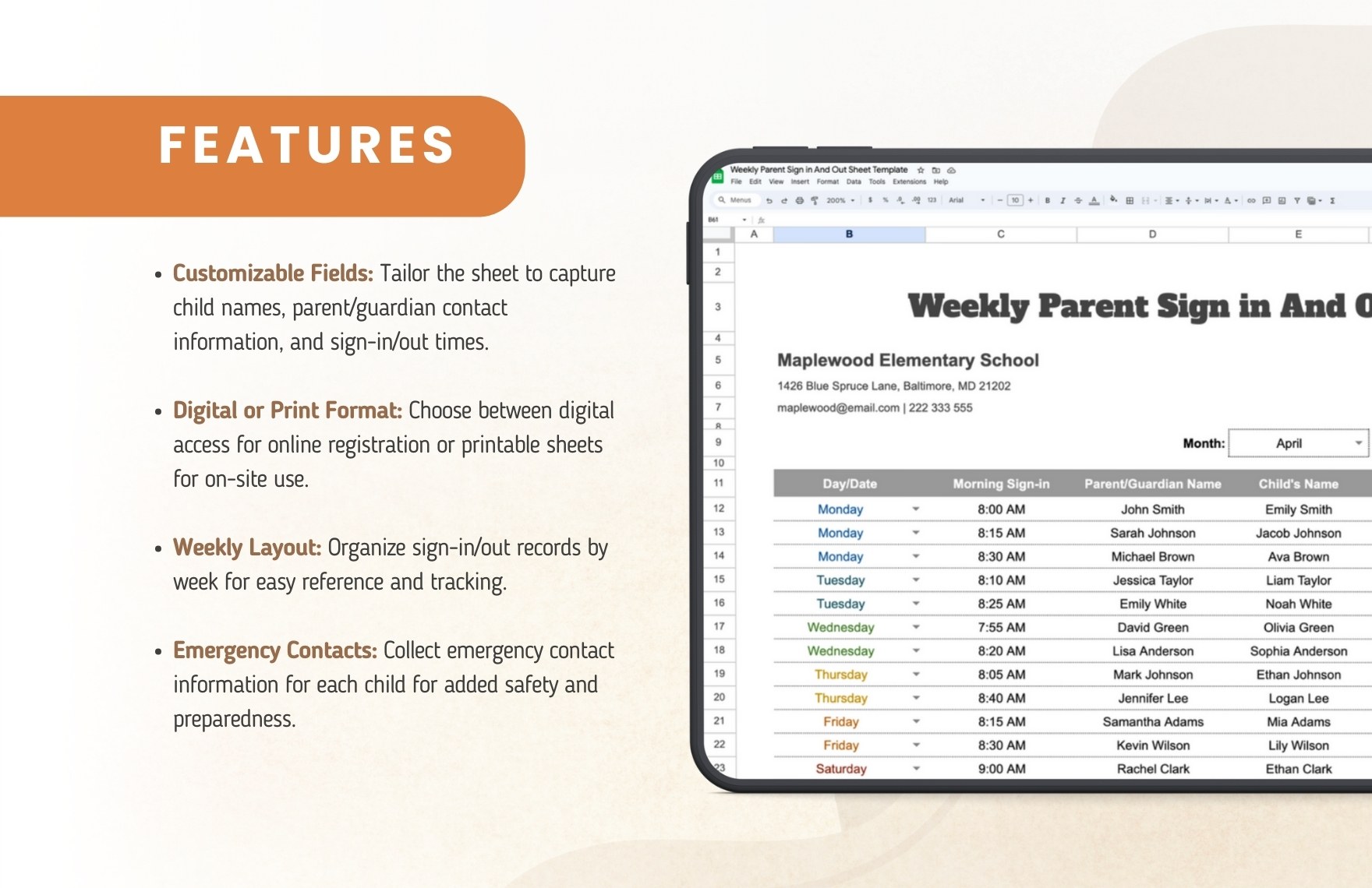Weekly Parent Sign in And Out Sheet Template