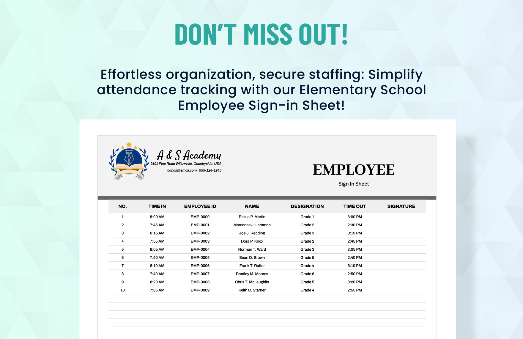 Employee Sign in Sheet For Elementary School Template