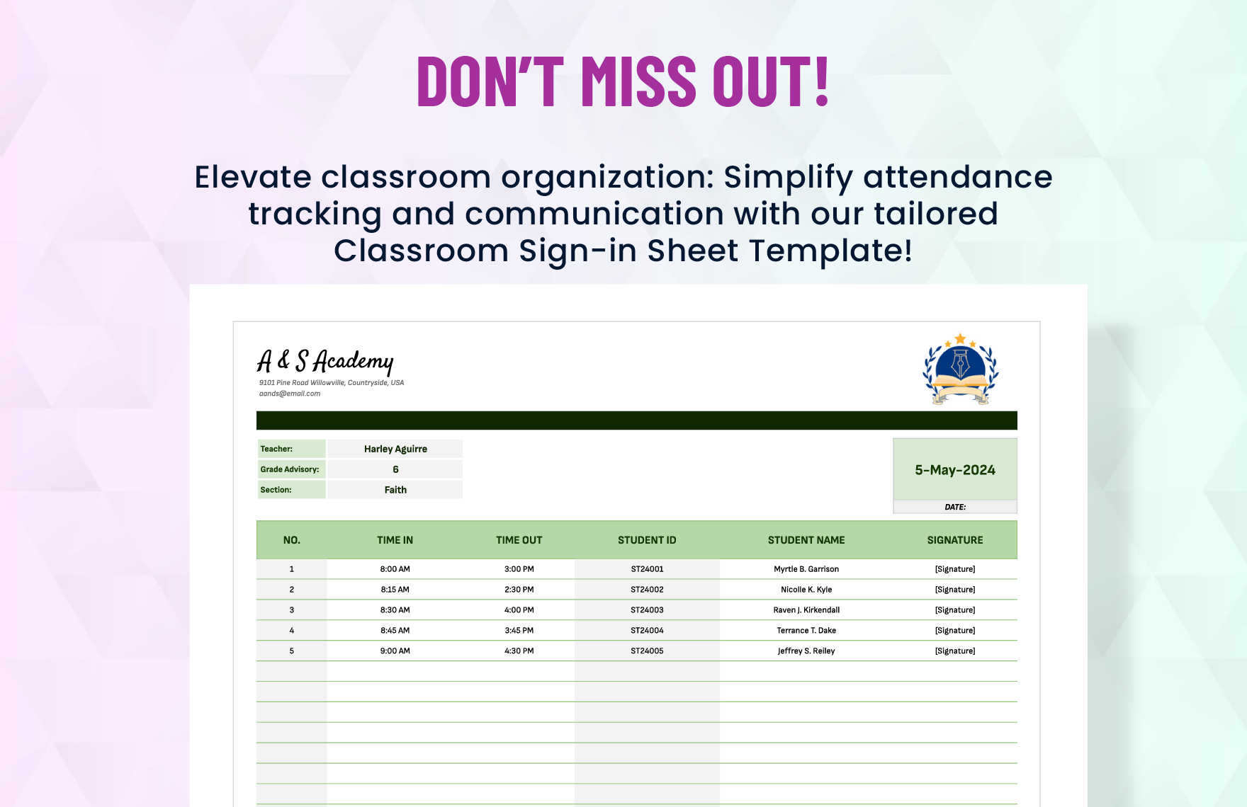 Classroom Sign in Sheet Template