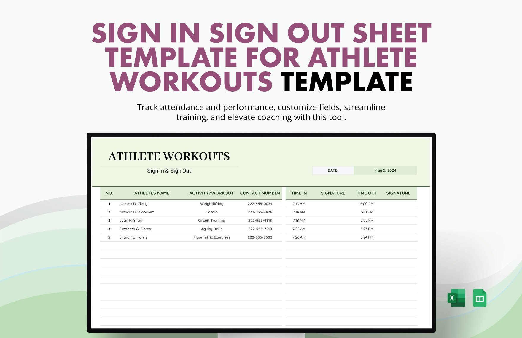 Sign in Sign Out Sheet Template For Athlete Workouts Template in Excel, Google Sheets