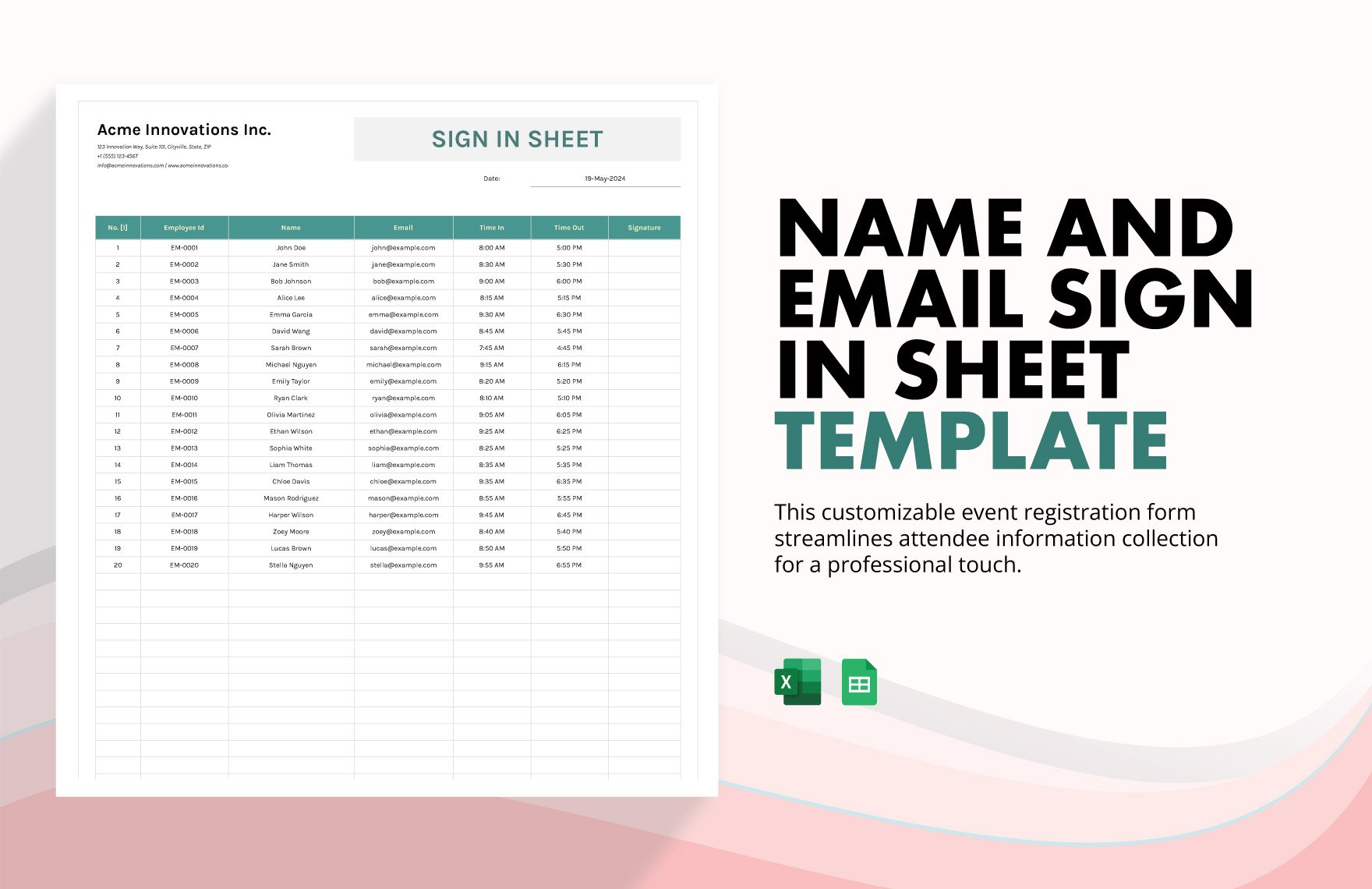 Name And Email Sign in Sheet Template
