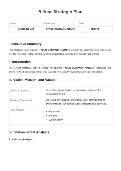 Free 5 Year Strategic Plan Template to Edit Online