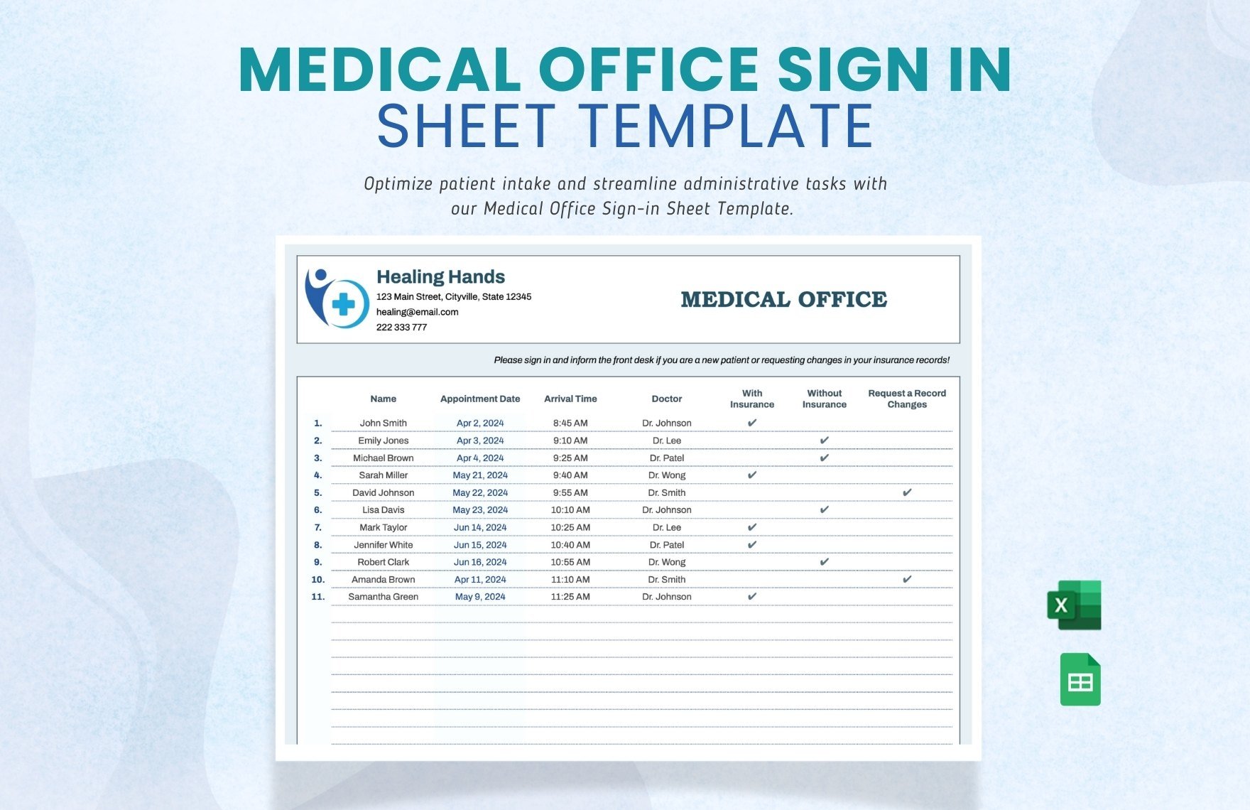 Medical Office Sign in Sheet Template in Excel, Google Sheets