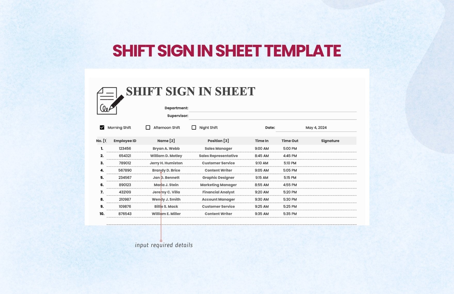Shift Sign in Sheet Template