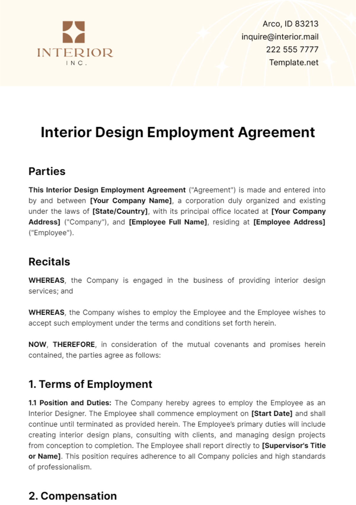 Interior Design Employment Agreement Template - Edit Online & Download