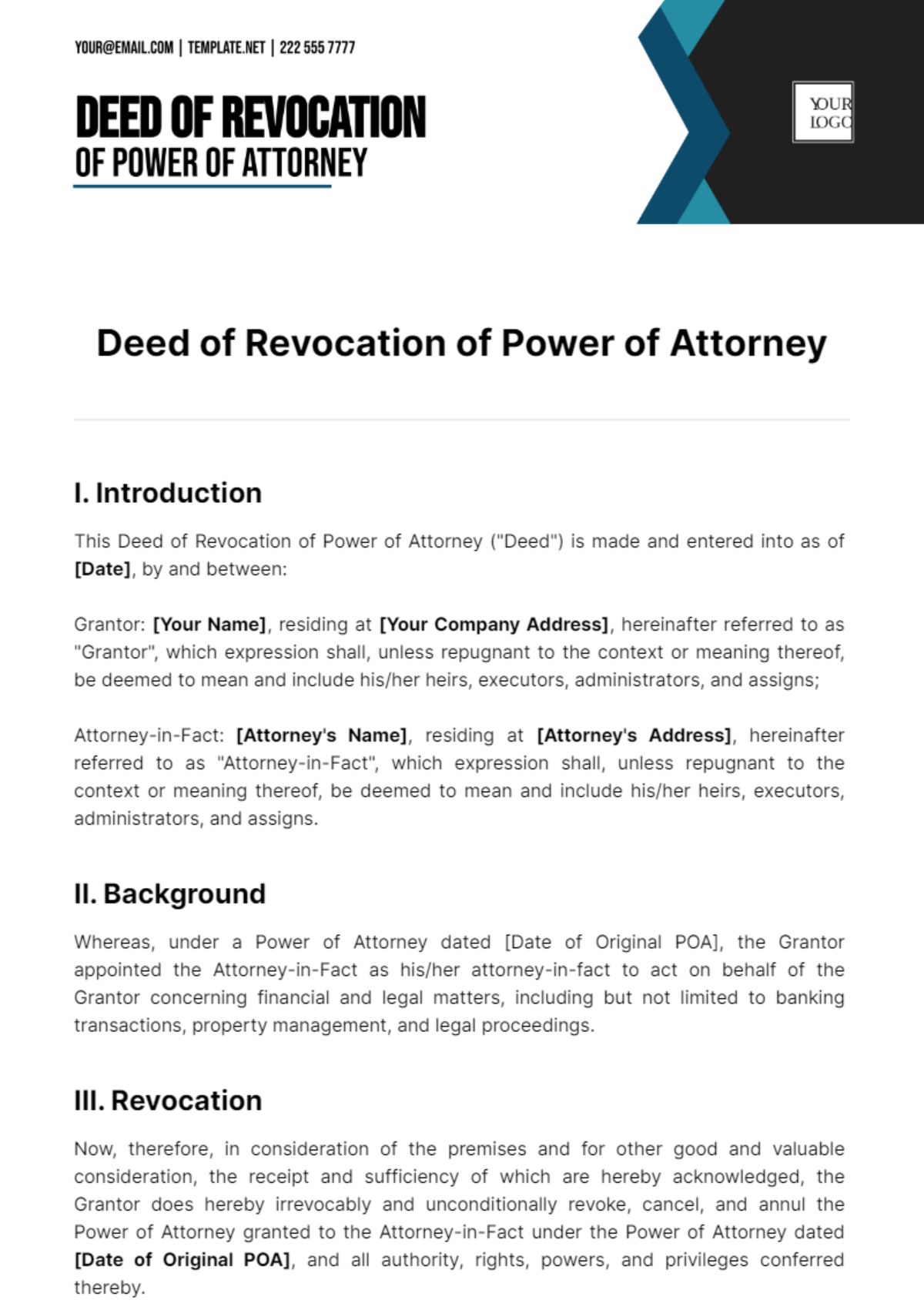 Deed Of Revocation Of Power Of Attorney Template - Edit Online & Download