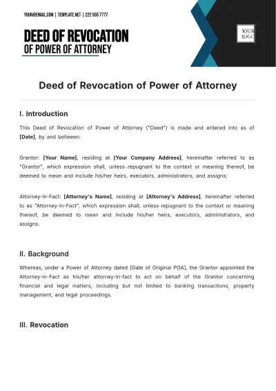 Free Deed Of Revocation Of Power Of Attorney Template to Edit Online