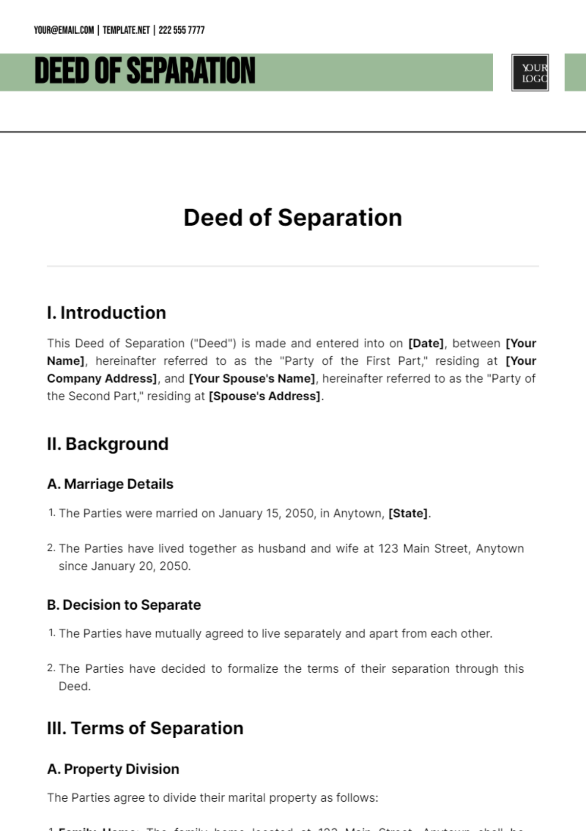 Free Deed Of Separation Template to Edit Online