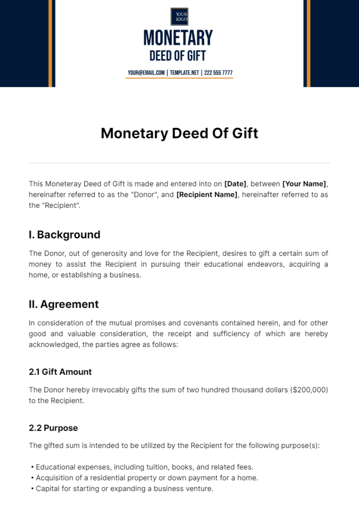 Free Monetary Deed Of Gift Template - Edit Online & Download | Template.net