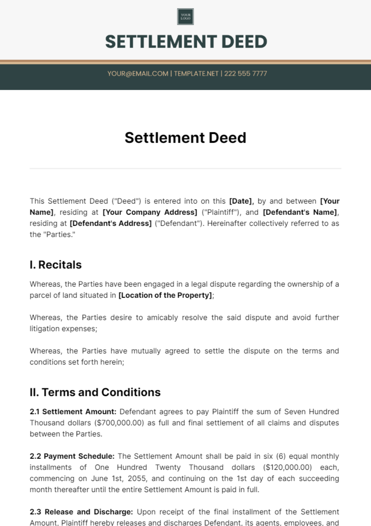 Settlement Deed Template - Edit Online & Download