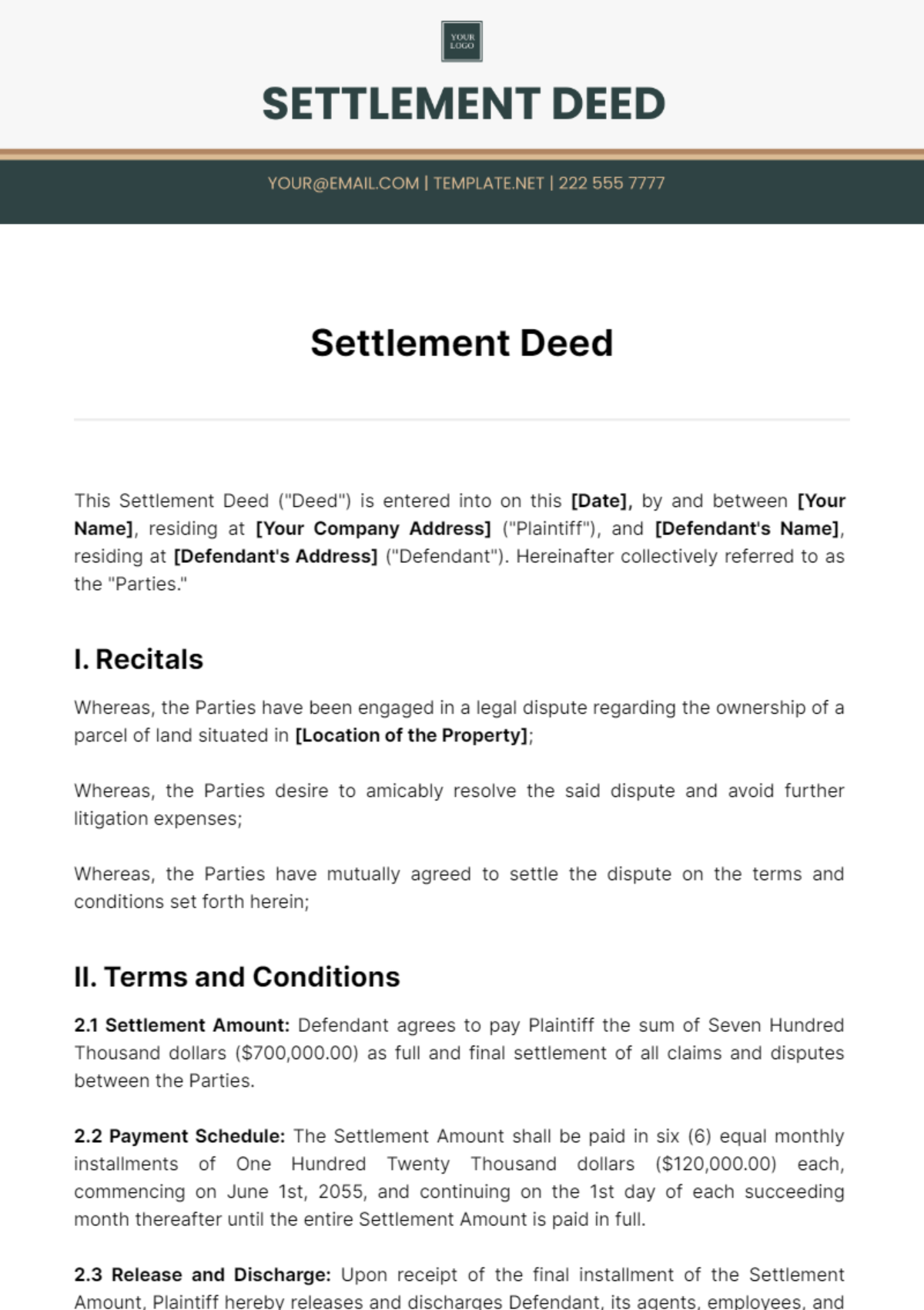 Free Settlement Deed Template To Edit Online