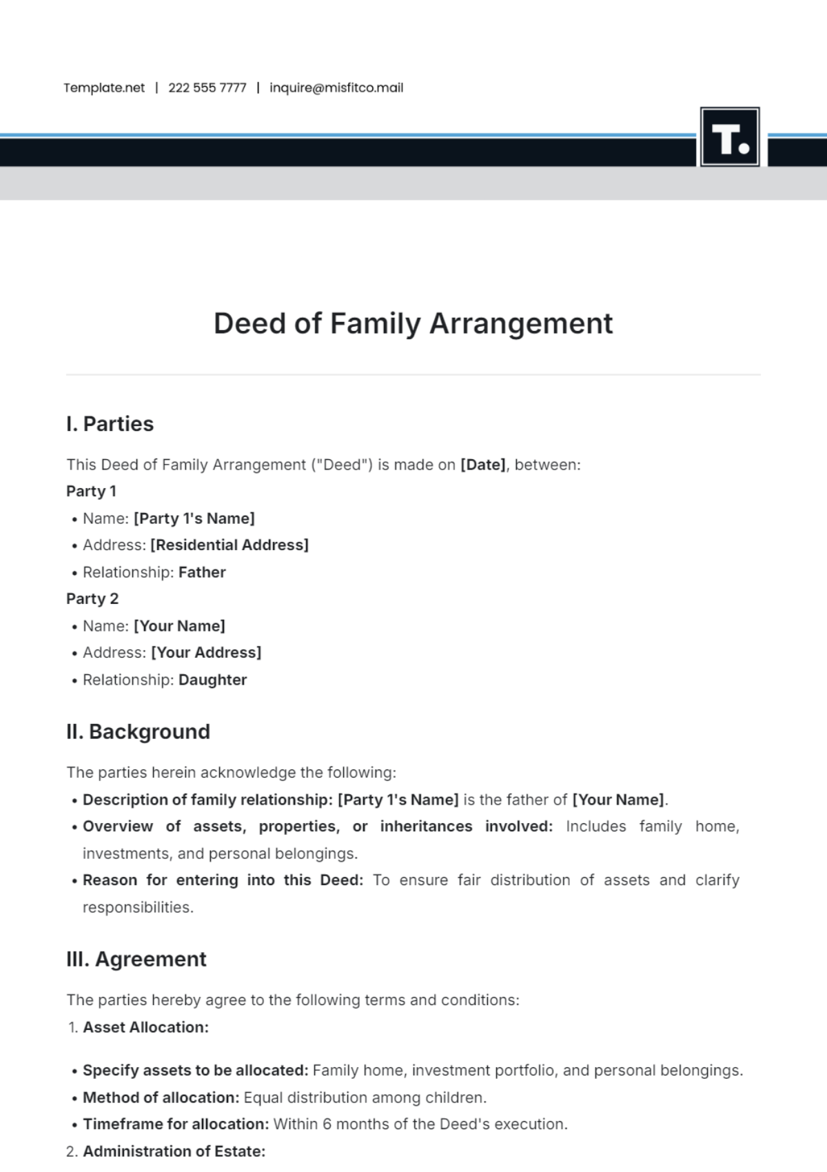 Deed of Family Arrangement Template