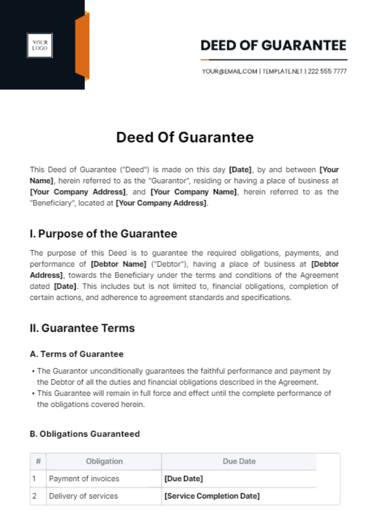 Deed Of Guarantee Template - Edit Online & Download