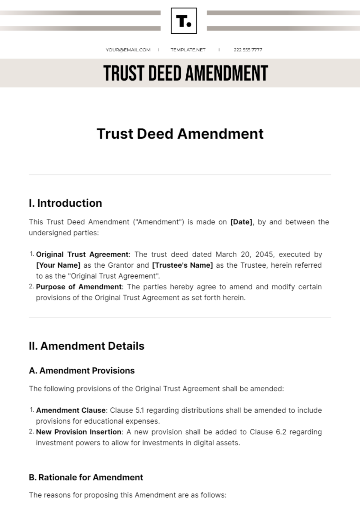 Free Trust Deed Amendment Template to Edit Online