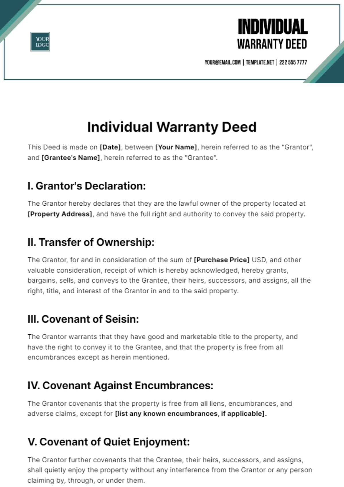 Individual Warranty Deed Template - Edit Online & Download