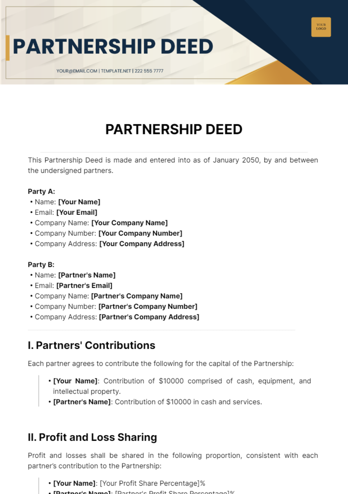 Partnership Deed Template - Edit Online & Download Example | Template.net