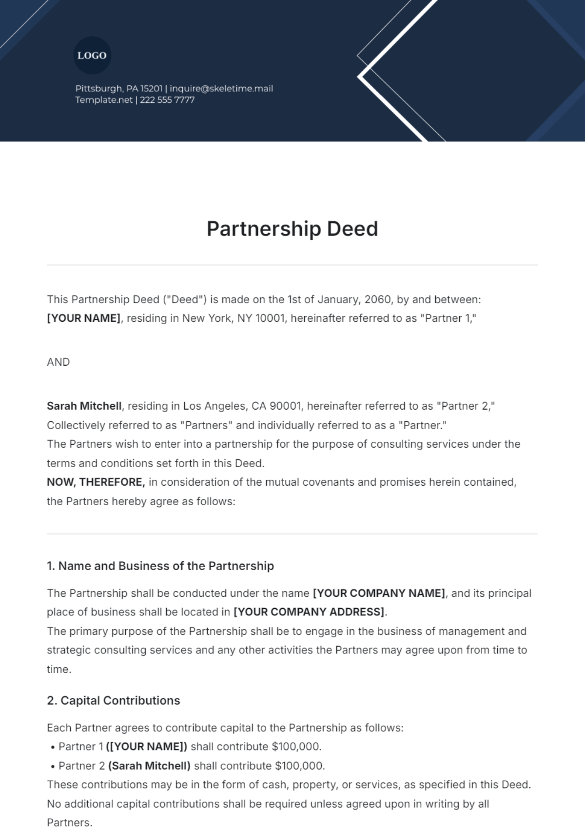 Partnership Deed Template - Edit Online & Download