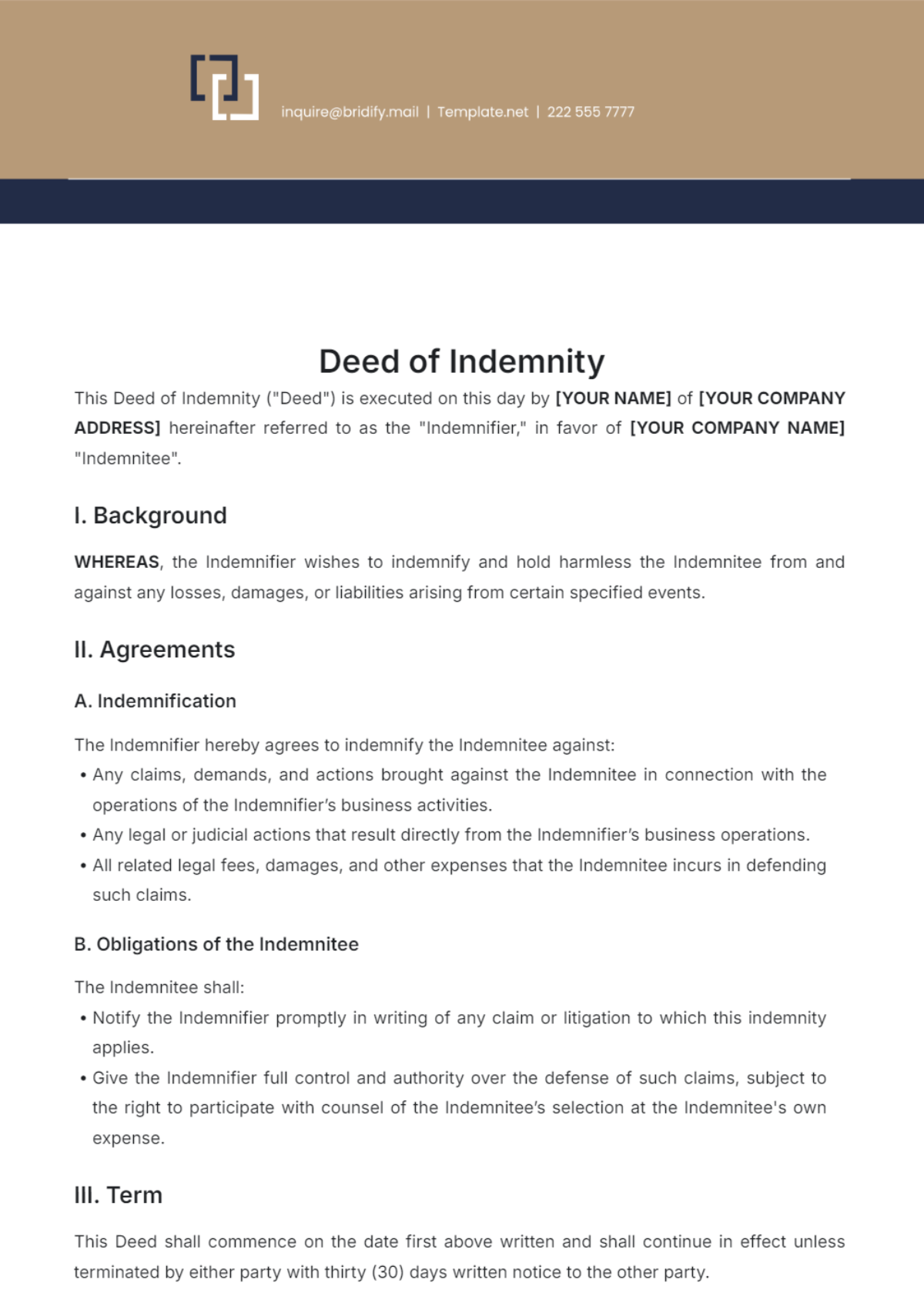 Deed Of Indemnity Template - Edit Online & Download