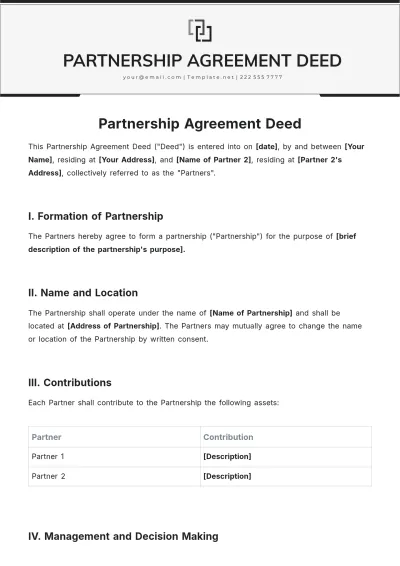 Free Partnership Agreement Deed Template to Edit Online