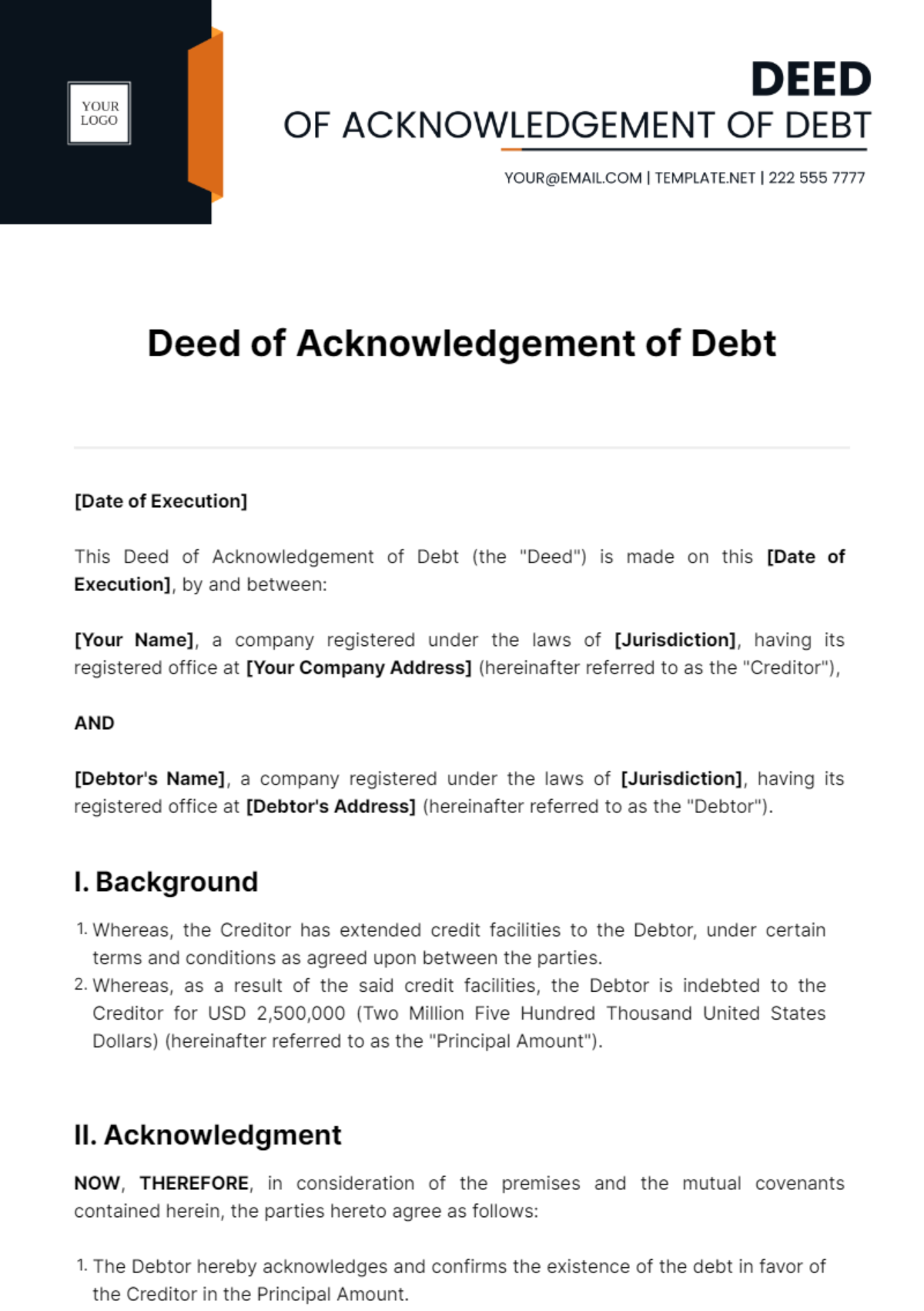 Free Deed Of Acknowledgement Of Debt Template to Edit Online